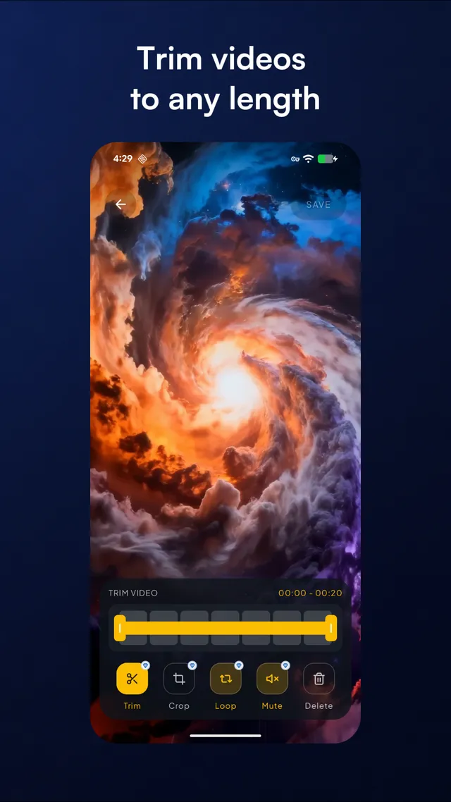 Video editor with a timeline for trimming a video clip.