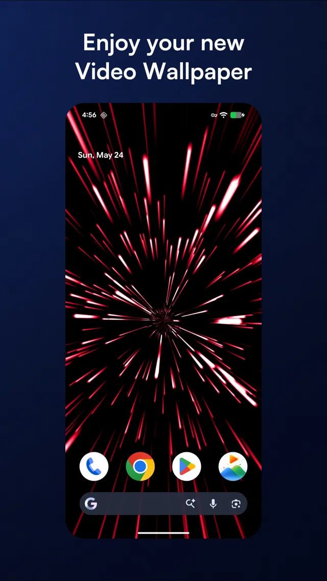Android home screen with a red moving-light video wallpaper.
